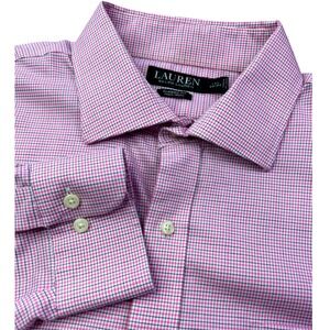 LAUREN Ralph Lauren Men Classic Fit Non Iron Pink Plaid Dress Shirt 17.5 Neck